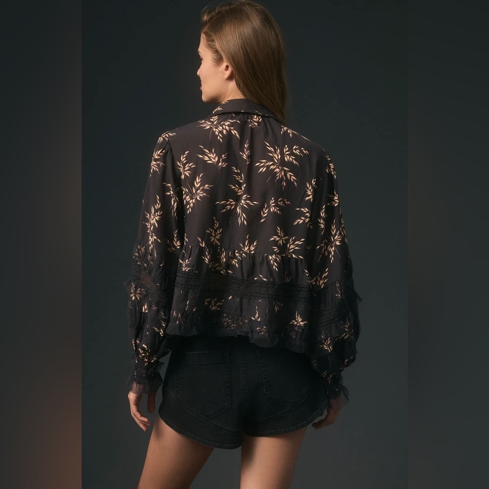 🎀By Anthropologie Ruffled V-Neck Popover embroidered  wheat print  Blouse medium - Picture 3 of 13